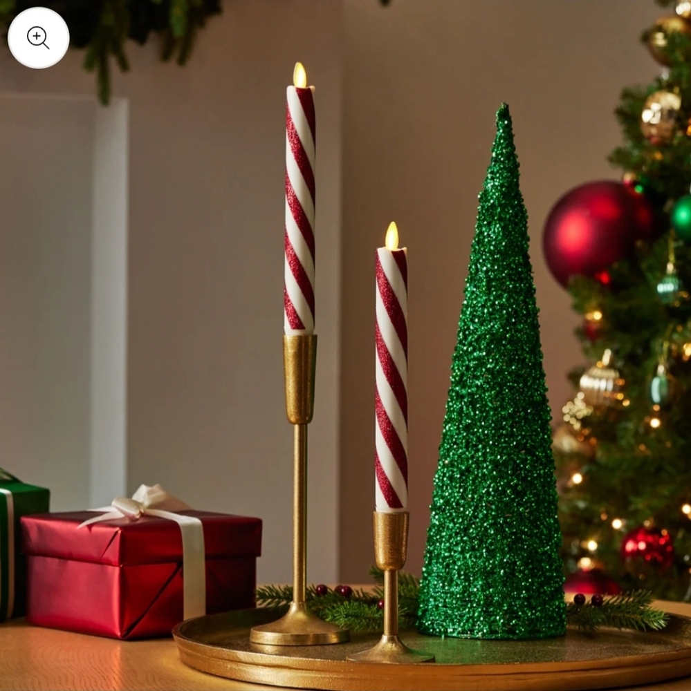 Red and White Glitter Stripe Flameless Candle Tapers For Christmas